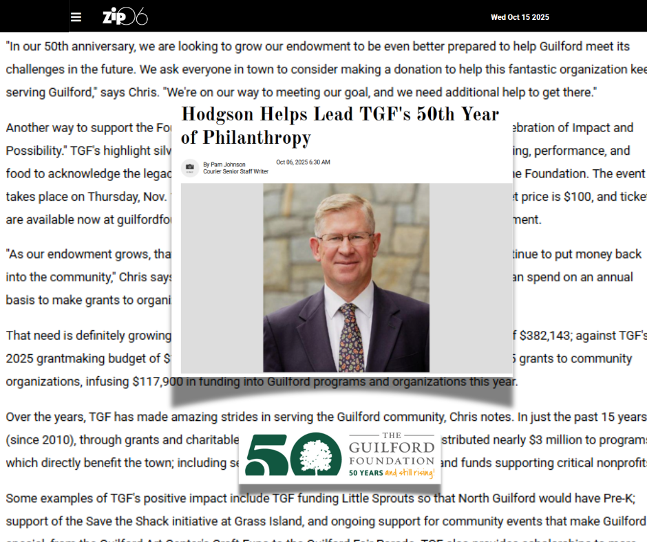 Hodgson Helps Lead TGF's 50th Year of Philanthropy Guilford Foundation